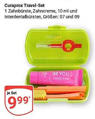Curaprox Travel-Set: 1 Zahnbürste, Zahnpasta 10 ml und Interdentalbürsten