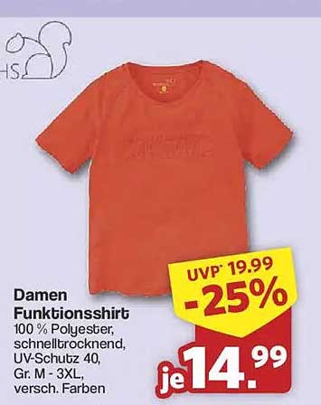Damen Funktionsshirt 100 % Polyester, schnelltrocknend, UV-Schutz 40, Gr. M - 3XL, versch. Farben