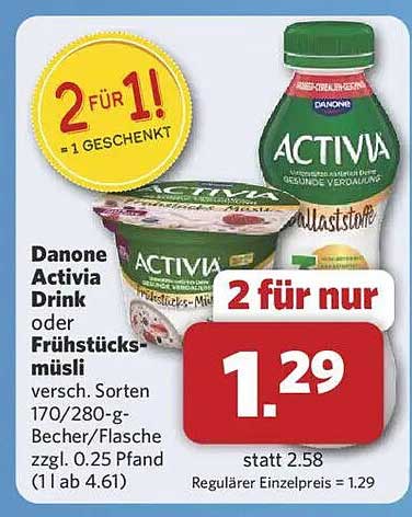 Danone Activia Drink oder Frühstücks-Müslí – 2 für 1!