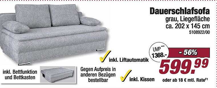 Dauerschlafsofa grau, Liegefläche ca. 202 x 145 cm