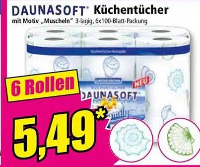 DAUNASOFT Küchentücher mit Motiv 'Muscheln' 3-lagig, 6x100-Blatt-Packung