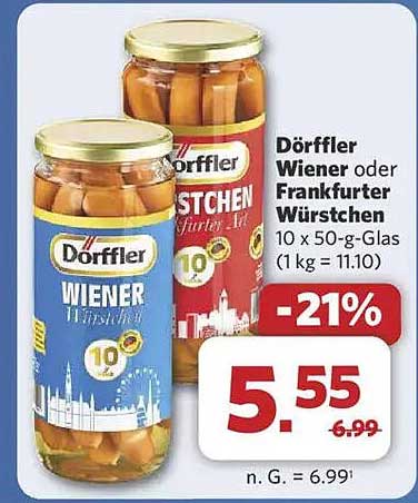 Dörffler Wiener oder Frankfurter Würstchen 10 x 50-g-Glas (1 kg = 11,10)