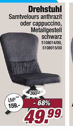 Drehstuhl Samtvelours anthrazit oder cappuccino, Metallgestell schwarz