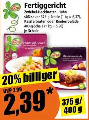 Fertiggericht - Zwiebel-Hackbraten, Huhn süß-sauer und mehr