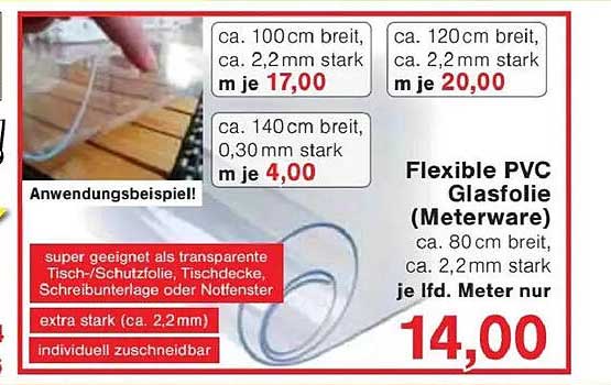 Flexible PVC Glasfolie (Meterware) - je lfd. Meter nur 14,00 €