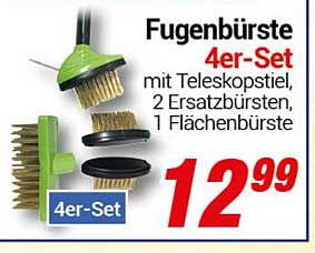 Fugenbürste 4er-Set mit Teleskopstiel, 2 Ersatzbürsten, 1 Flächenbürste