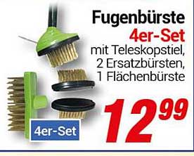 Fugenbürste 4er-Set mit Teleskopstiel, 2 Ersatzbürsten, 1 Flächenbürste