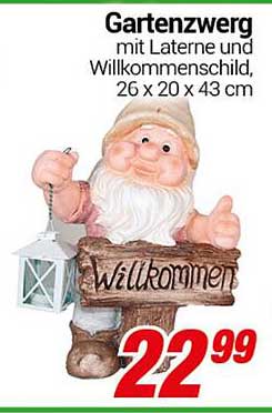 Gartenfigur Gartenzwerg mit Laterne und Willkommensschild