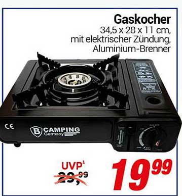 Gaskocher 34,5 x 28 x 11 cm, mit elektrischer Zündung, Aluminium-Brenner