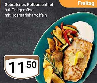 Gebratenes Rotbarschfilet auf Grillgemüse, mit Rosmarinkartoffeln