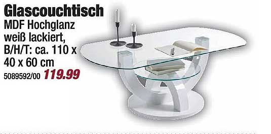 Glascouchtisch MDF Hochglanz weiß lackiert