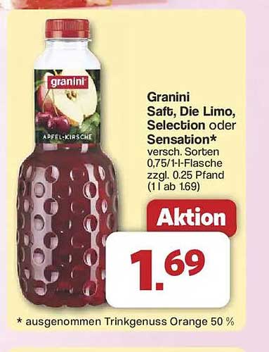 Granini Saft, Die Limo, Selection oder Sensation, verschiedene Sorten 0,75l/1l-Flasche