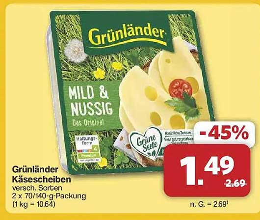 Grünländer Käse- scheiben mild & nussig 2 x 70/140-g-Packung