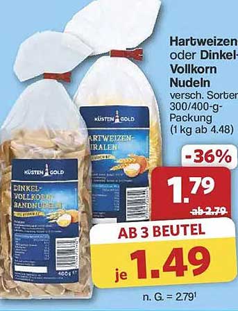 Hartweizen oder Dinkel Vollkorn Nudeln 300/400-g Packung