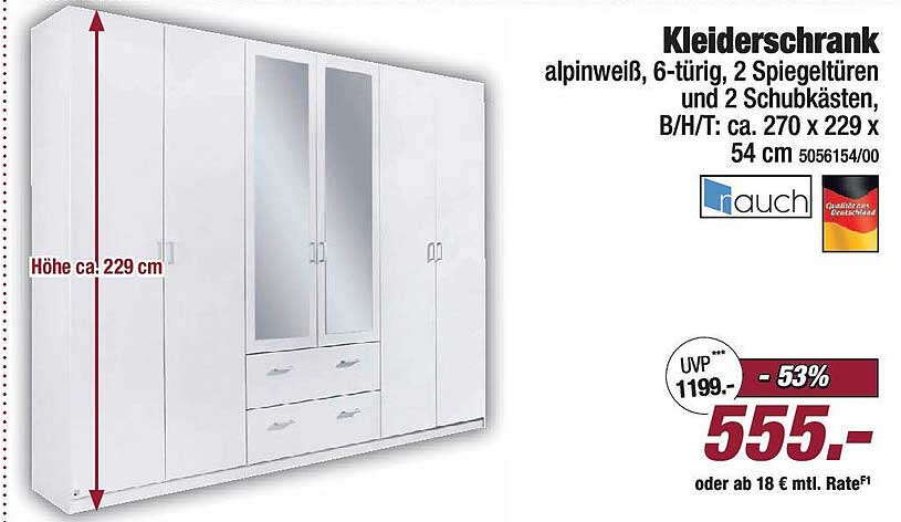 Kleiderschrank alpinweiß, 6-türig, 2 Spiegeltüren und 2 Schubkästen
