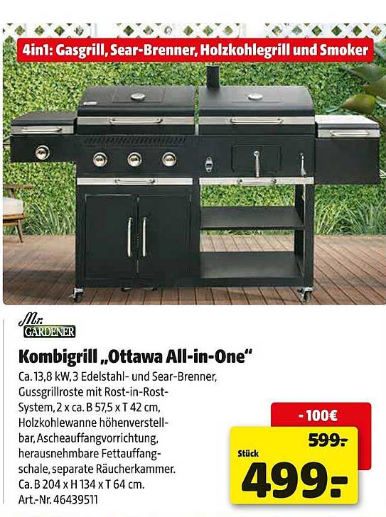 Kombigrill „Ottawa All-in-One“ - 4in1: Gasgrill, Sear-Brenner, Holzkohlegrill und Smoker