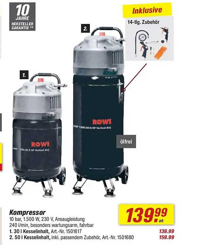 Kompressor – 10 bar, 1.500 W, 30 l und 50 l Kesselinhalt inkl. Zubehör