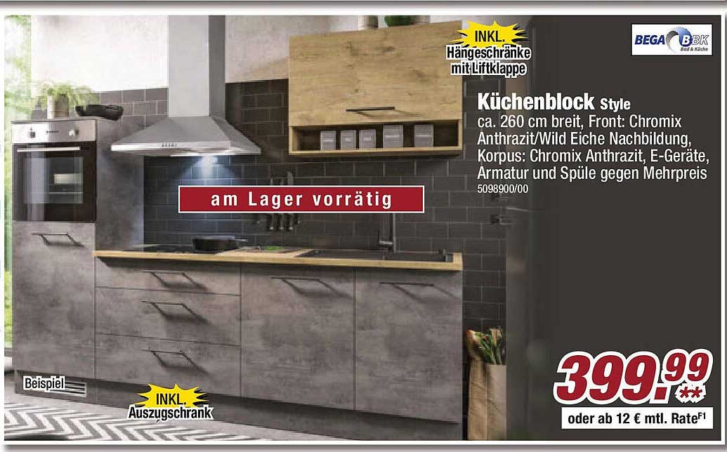 Küchenblock Style - ca. 260 cm breit, Front: Chromix Anthrazit/Wild Eiche Nachbildung