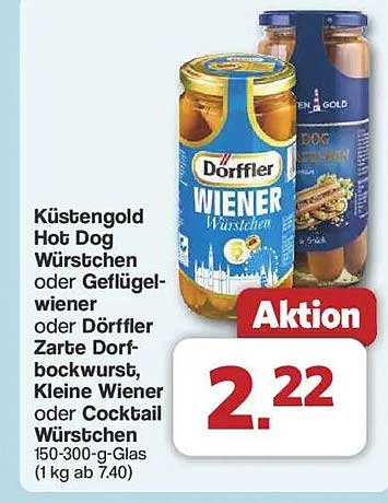 Küstengold Hot Dog Würstchen oder Geflügelwiener oder Dörffler Zarte Dorfbockwurst, Kleine Wiener oder Cocktail Würstchen 150-300-g-Glas