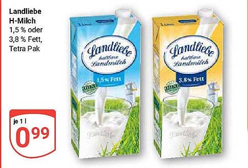 Landliebe H-Milch 1,5 % oder 3,8 % Fett, Tetra Pak