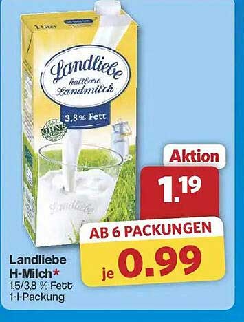 Landliebe H-Milch 1,5/3,8 % Fett 1-Liter-Packung