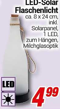 LED-Solar Flaschenlicht ca. 8 x 24 cm, inkl. Solarpanel, 1 LED, zum Hängen, Milchglasoptik