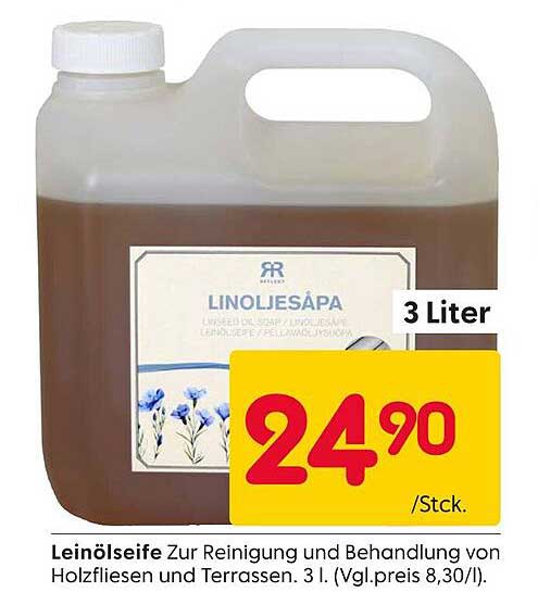 Leinölseife zur Reinigung und Behandlung von Holzfliesen und Terrassen