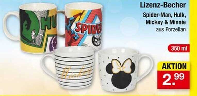 Lizenz-Becher Spider-Man, Hulk, Mickey & Minnie aus Porzellan