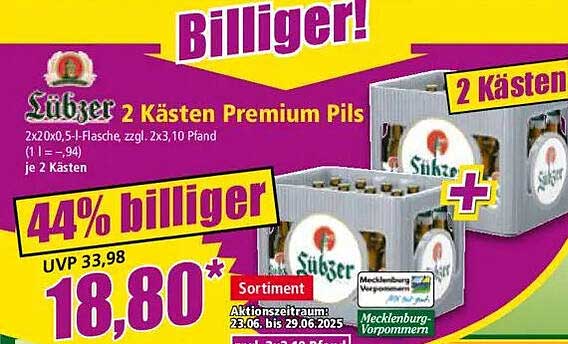 Lübzer 2 Kästen Premium Pils - 44% billiger!