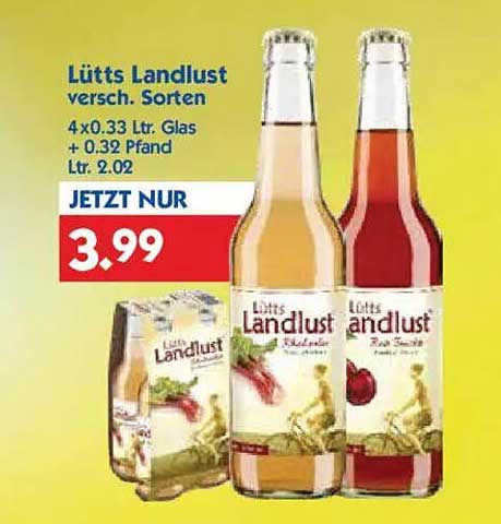 Lütts Landlust verschiedenste Sorten - 4 x 0,33 L Glas + 0,32 Pfand