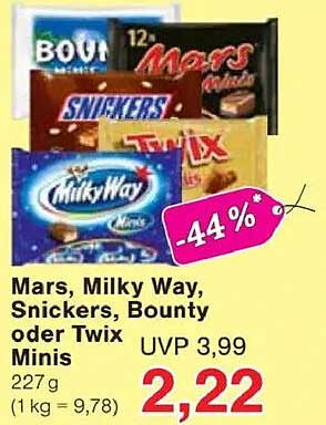 Mars, Milky Way, Snickers, Bounty oder Twix Minis