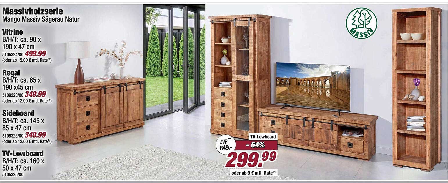Massivholz TV-Lowboard - Mango Massiv Sägeraum Natur