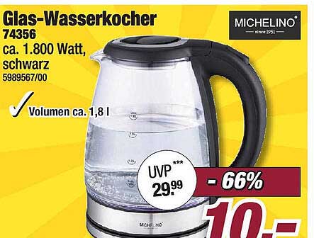 Michelino Glas-Wasserkocher, 1.800 Watt, schwarz