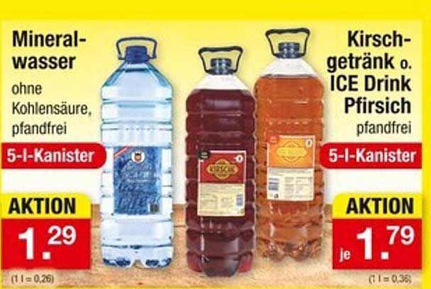 Mineralwasser und Kirschgetränk o. ICE Drink Pfirsich im 5-l-Kanister