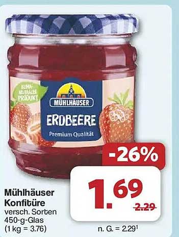 Mühlhäuser Erdbeer Konfitüre 450-g-Glas