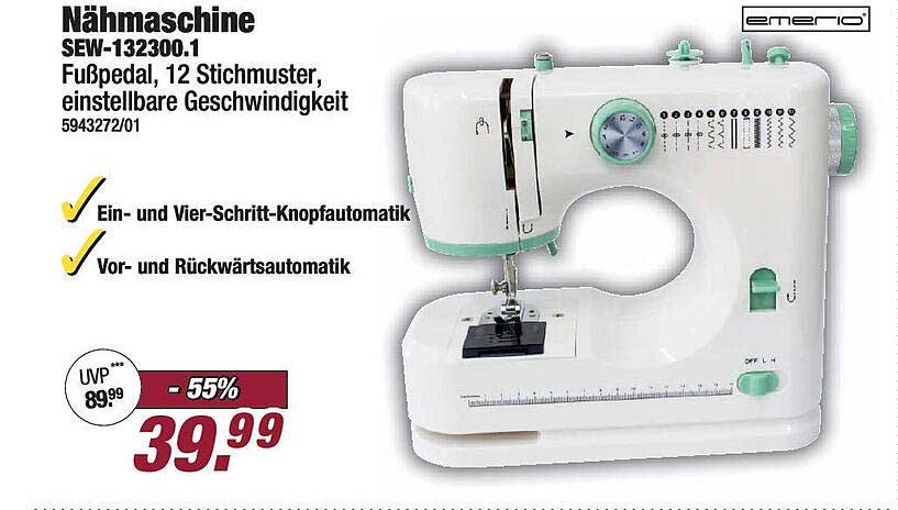 Nähmaschine SEW-132300.1 mit 12 Stichmustern und einstellbarer Geschwindigkeit