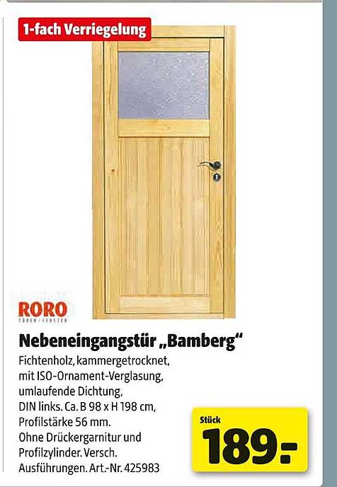 Nebeneingangstür "Bamberg" aus Fichtenholz mit ISO-Ornament-Verglasung