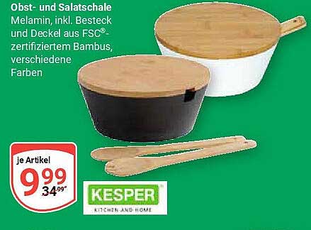 Obst- und Salatschale Melamin, inkl. Besteck und Deckel aus FSC®-zertifiziertem Bambus, verschiedene Farben