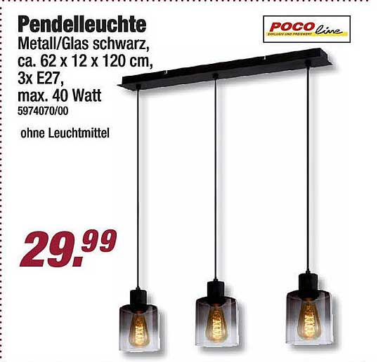 Pendelleuchte Metall/Glas schwarz, ca. 62 x 12 x 120 cm, 3x E27, max. 40 Watt