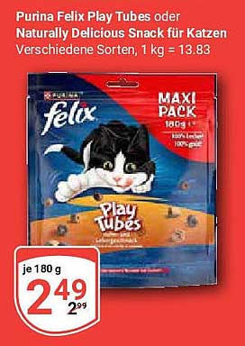 Purina Felix Play Tubes oder Naturally Delicious Snack für Katzen - Verschiedene Sorten, 180 g