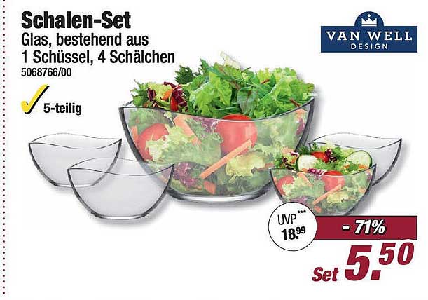 Schalen-Set - Glas, bestehend aus 1 Schüssel, 4 Schälchen