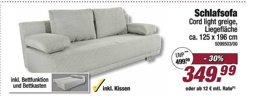 Schlafsofa Cord light greige, Liegefläche ca. 125 x 196 cm