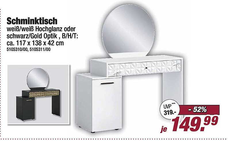 Schminktisch weiß/weiß Hochglanz oder schwarz/Gold Optik