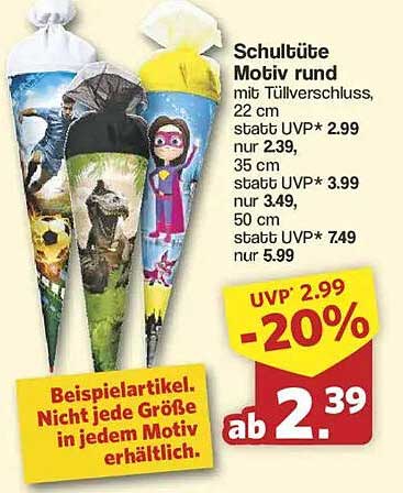 Schultüte Motiv rund mit Tüllverschluss, 22 cm
