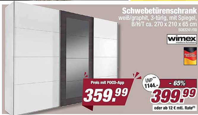 Schwebetüren-Schrank weiß/graphit, 3-türig, mit Spiegel