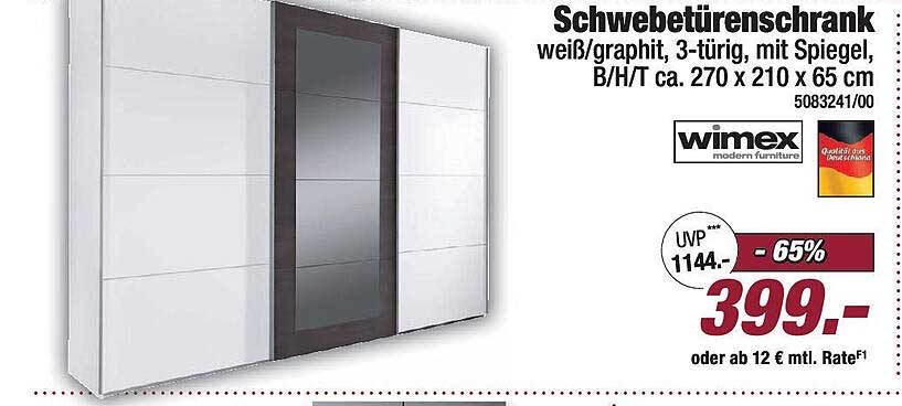 Schwebetürenschrank weiß/graphit, 3-türig, mit Spiegel, B/H/T ca. 270 x 210 x 65 cm