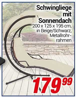 Schwingliege mit Sonnendach 200 x 125 x 195 cm, in Beige/Schwarz, Metallrohrrahmen