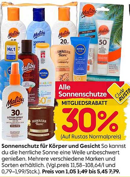 Sonnenschutz für Körper und Gesicht - 30% Mitgliederrabatt auf Rustas Normalpreis