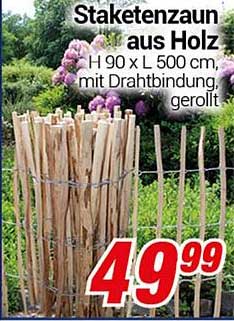 Staketenzaun aus Holz - H 90 x L 500 cm, mit Drahtbindung, gerollt
