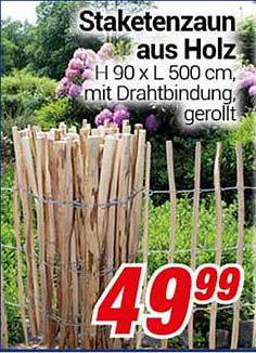 Staketenzaun aus Holz H 90 x L 500 cm, mit Drahtbindung, gerollt